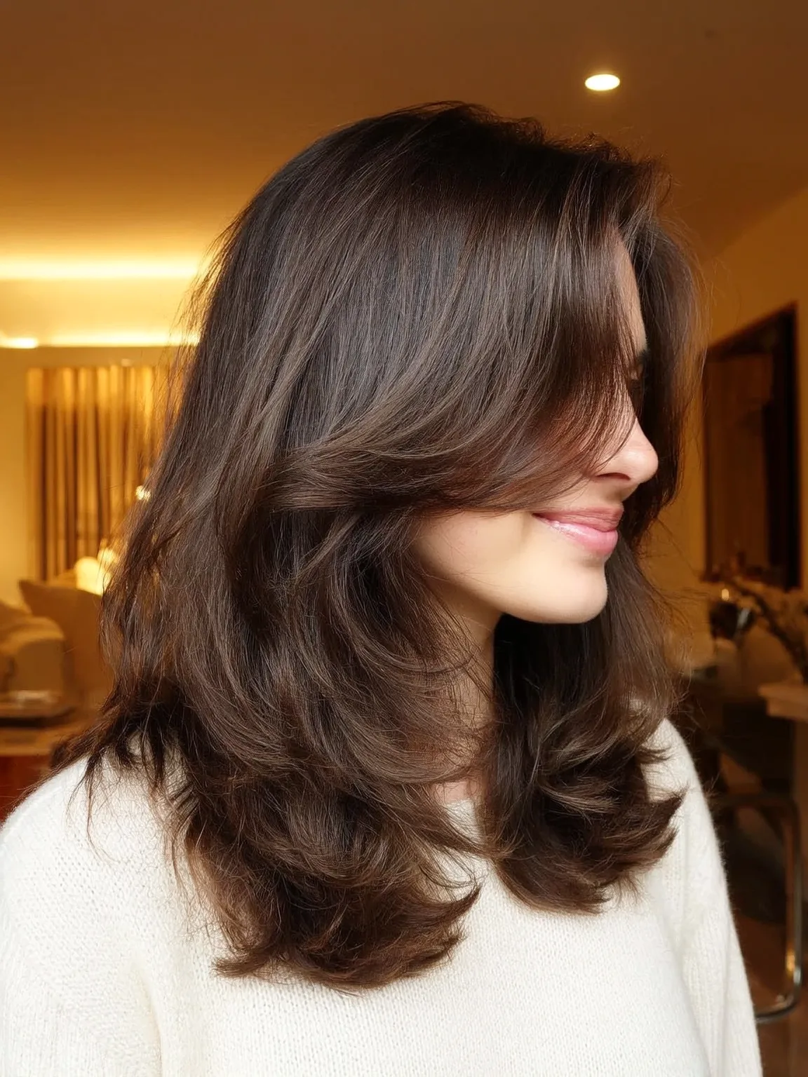 Voluminous Layered Cut with Rich Chestnut Brown and Side-Swept Bangs